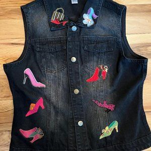 NWOT Womens Miss Molly Black Jean Vest, Shoe Patchwork and Appliques, Size M/Lg